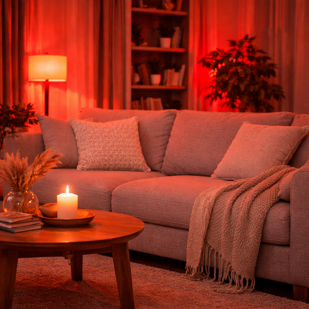 Casa y Habitación iluminada con luz roja