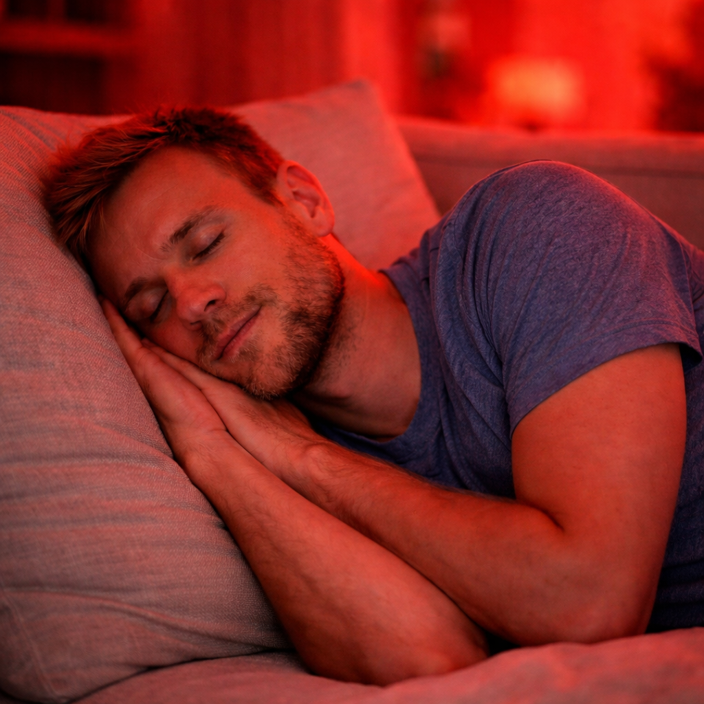 Hombre descansando con luz roja de fondo en su casa con panel de lunea