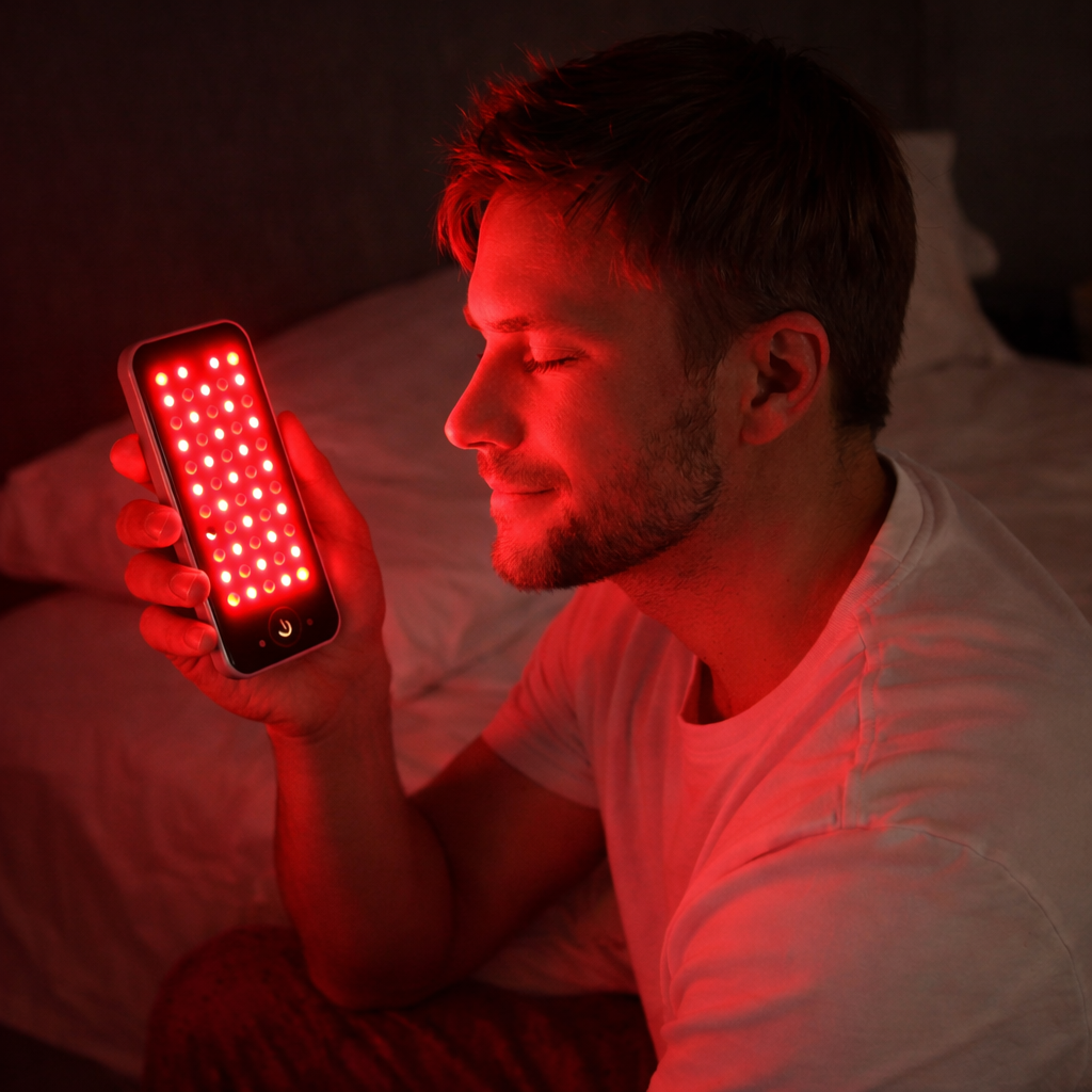 Hombre utilizando panel de terapia de luz roja en casa 