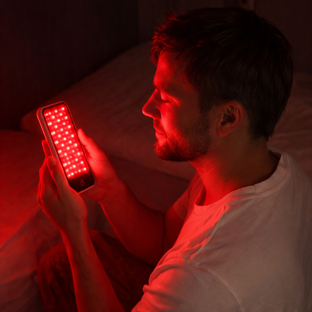 Panel de terapia de luz roja encendido para bienestar y biohacking