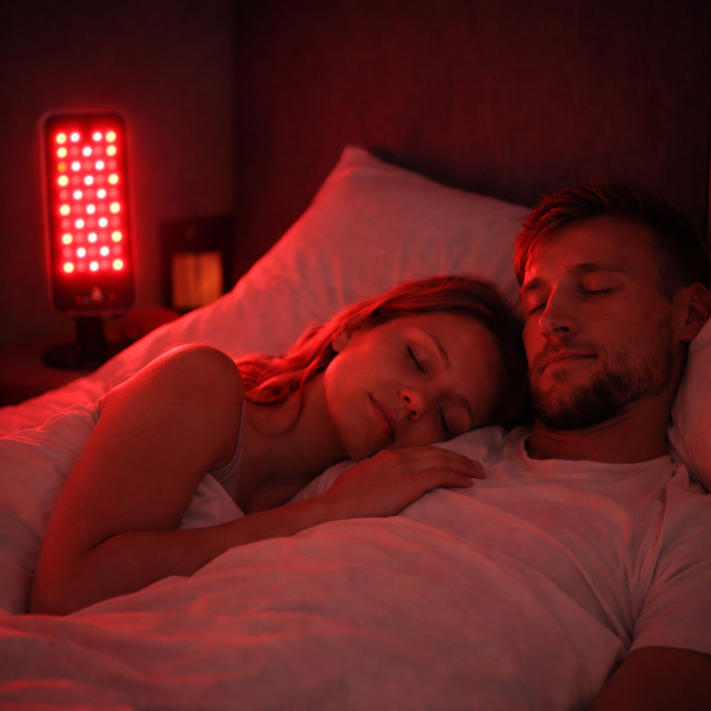 Pareja durmiendo con terapia de luz roja