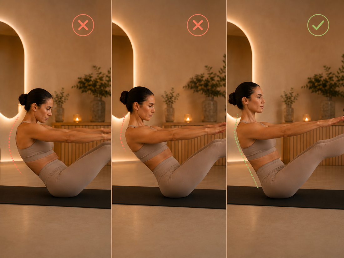 Persona realizando ejercicios de Pilates mostrando errores habituales de postura y cómo corregir la técnica para obtener mejores resultados y evitar lesiones.