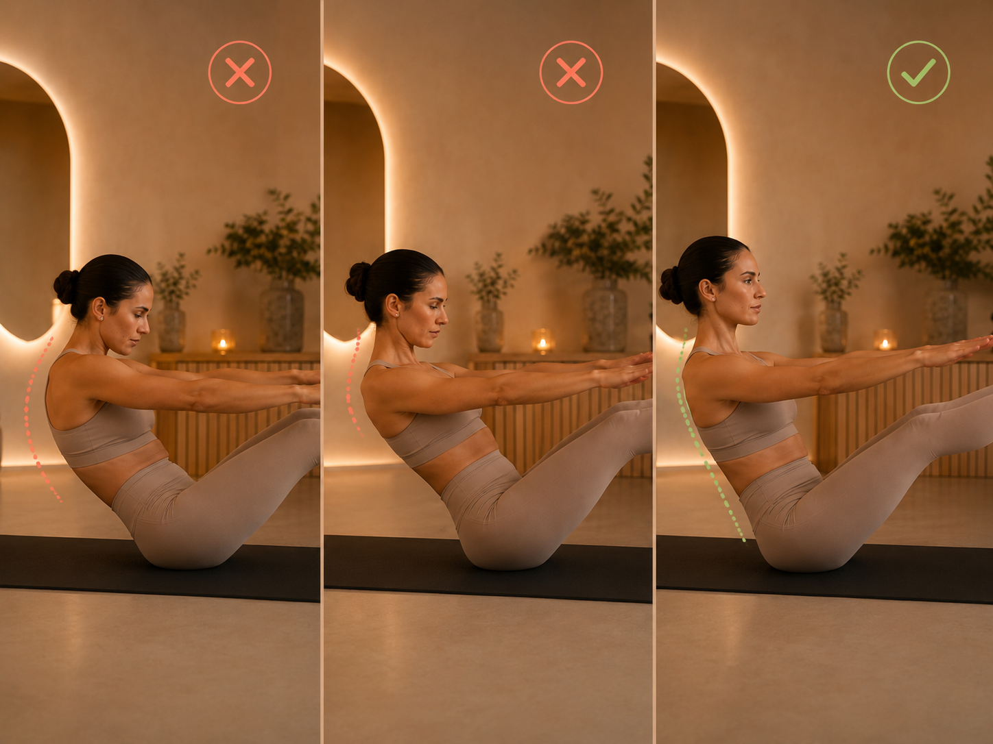Persona realizando ejercicios de Pilates mostrando errores habituales de postura y cómo corregir la técnica para obtener mejores resultados y evitar lesiones.