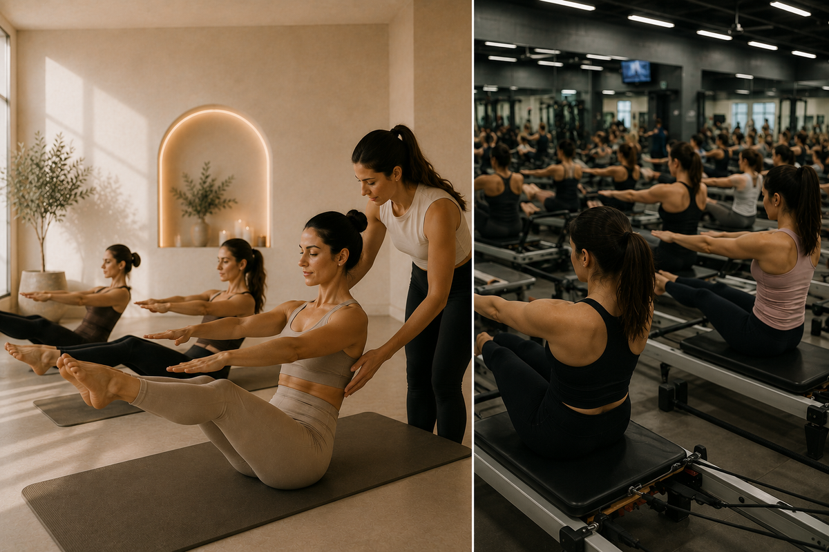 Clase de Pilates en un estudio boutique con atención personalizada frente a una clase en un centro deportivo con grupos numerosos.