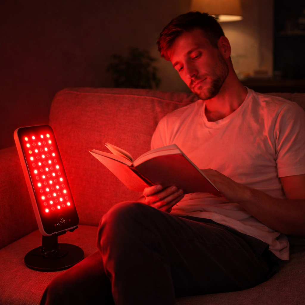 hombre leyendo con panel de terapia de luz roja de lunea encendido