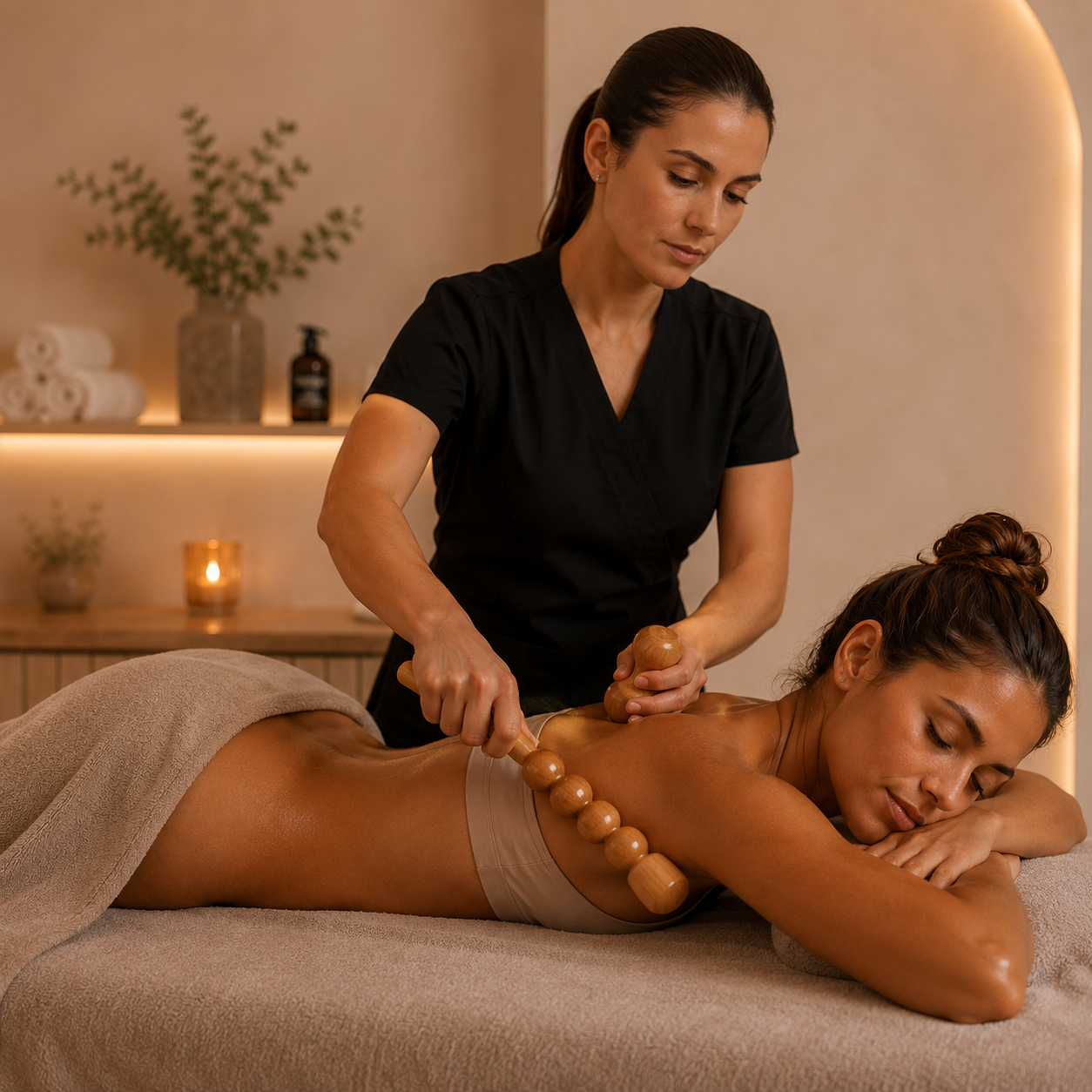 Tratamiento de maderoterapia corporal con herramientas de madera para mejorar la circulación, reducir la celulitis y favorecer el drenaje linfático.