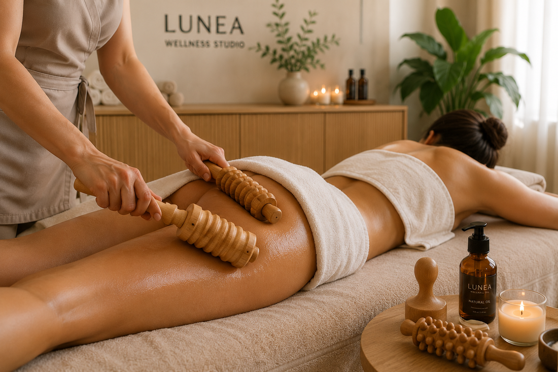 Sesión profesional de maderoterapia para combatir la celulitis y la retención de líquidos mediante masaje con instrumentos de madera.