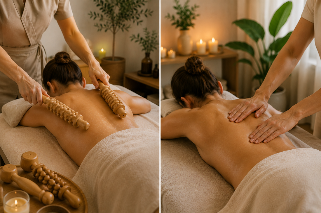 Imagen comparativa de una sesión de maderoterapia y un masaje tradicional, mostrando las diferencias entre ambos tratamientos de bienestar y recuperación.