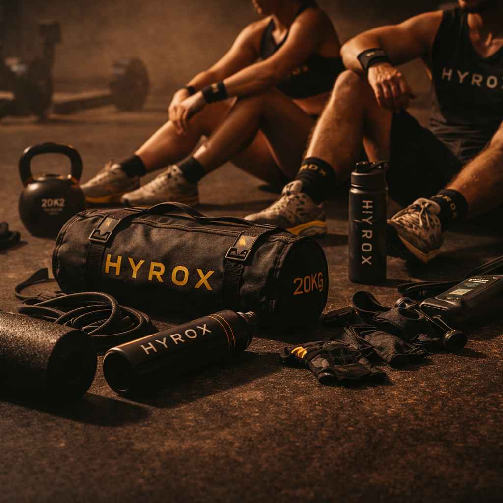 personas en HYROX Madrid haciendo ejercicio con material deportivo