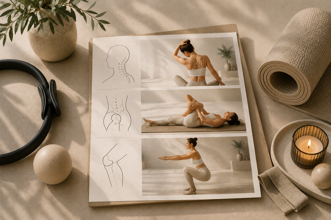 Mujer realizando ejercicios de Pilates para reducir el dolor de cervicales, aliviar la ciática y fortalecer las rodillas en un estudio boutique.