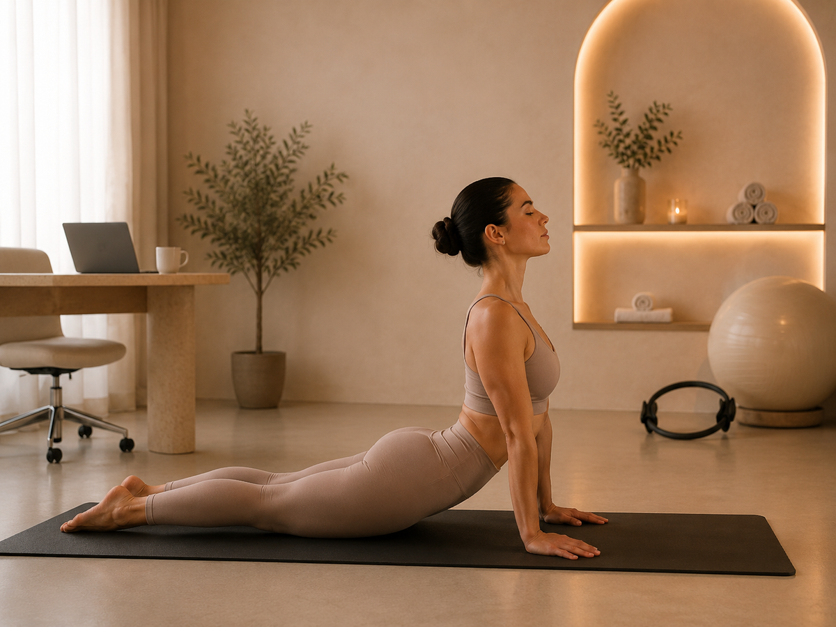 Ejercicio de Pilates recomendado para reducir el dolor de espalda, corregir la mala postura de oficina y fortalecer la musculatura del core.