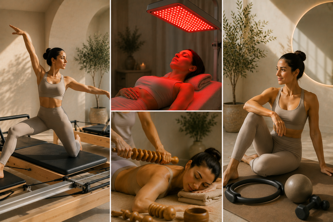 Combinación de Pilates y maderoterapia en un estudio de bienestar para favorecer la recuperación, reducir la tensión muscular y potenciar los resultados de ambos tratamientos.
