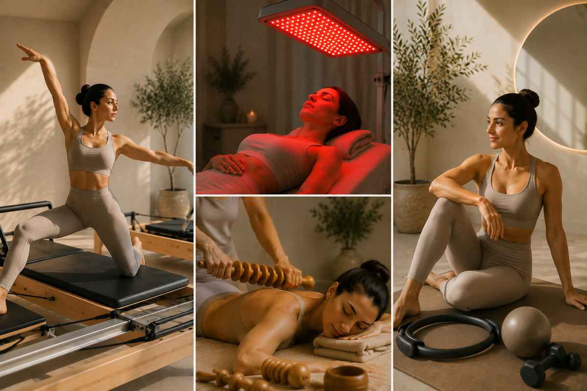 Combinación de Pilates y maderoterapia en un estudio de bienestar para favorecer la recuperación, reducir la tensión muscular y potenciar los resultados de ambos tratamientos.