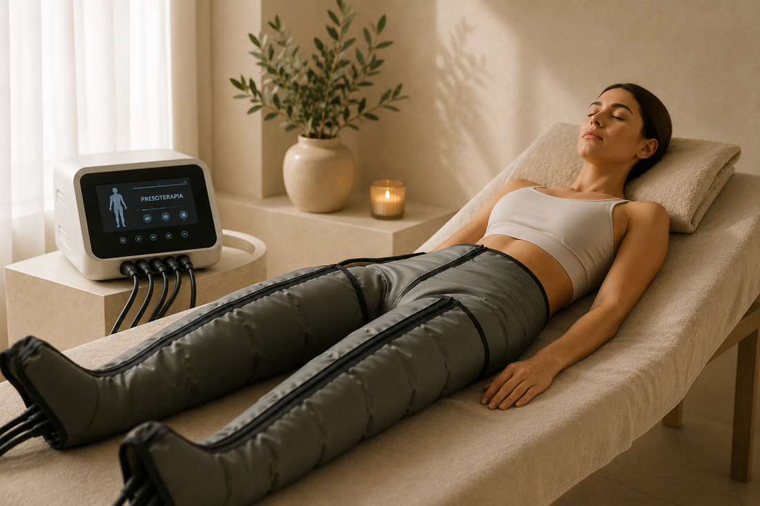 Sesión profesional de presoterapia con botas de compresión para estimular el drenaje linfático, mejorar la circulación y aliviar la sensación de piernas cansadas.