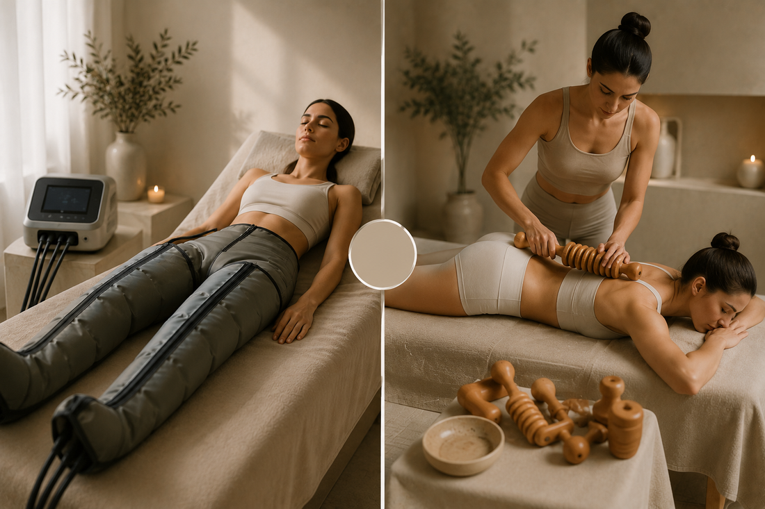 Mujer recibiendo una sesión de presoterapia y otra de maderoterapia en un estudio de bienestar, mostrando las diferencias entre ambos tratamientos.
