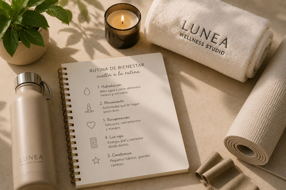 Material de bienestar con una rutina para retomar hábitos saludables después de las vacaciones, incluyendo Pilates, recuperación, hidratación y autocuidado.