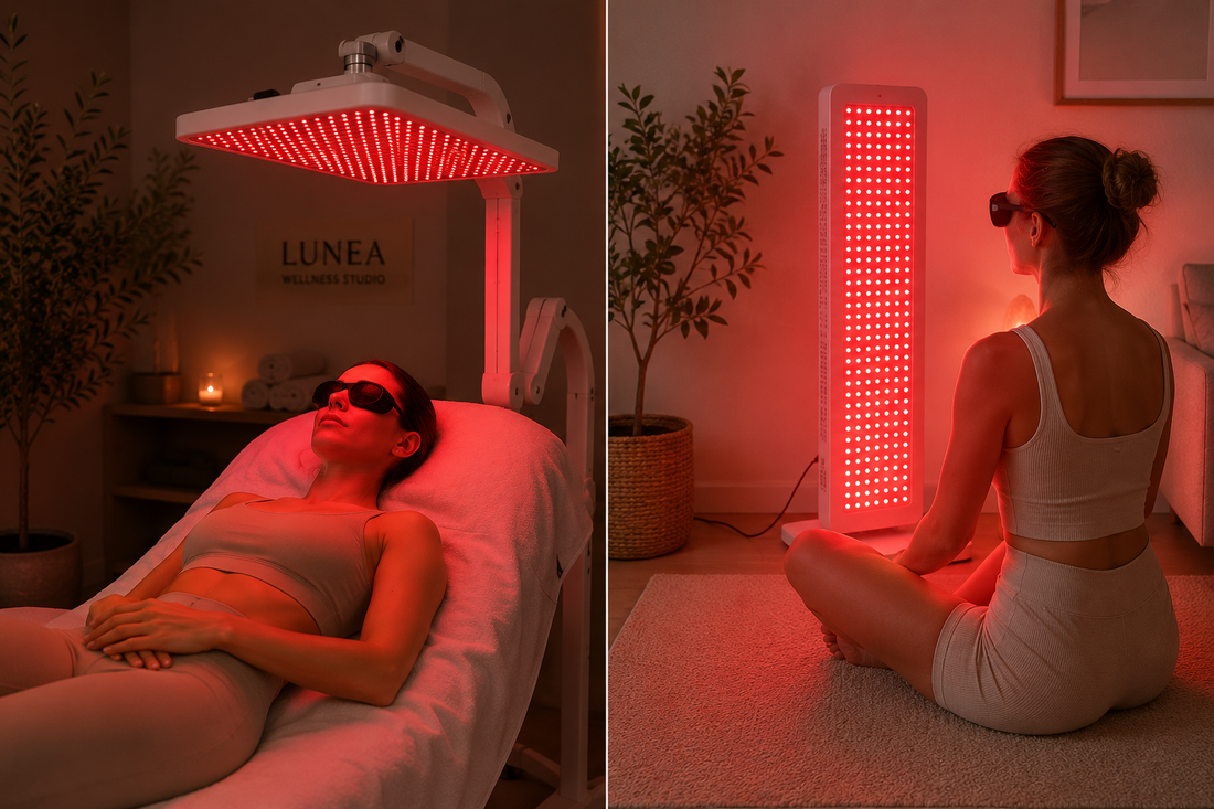 Comparación entre una sesión de terapia de luz roja en un estudio profesional y un panel de luz roja para uso doméstico, mostrando las diferencias de experiencia y aplicación.