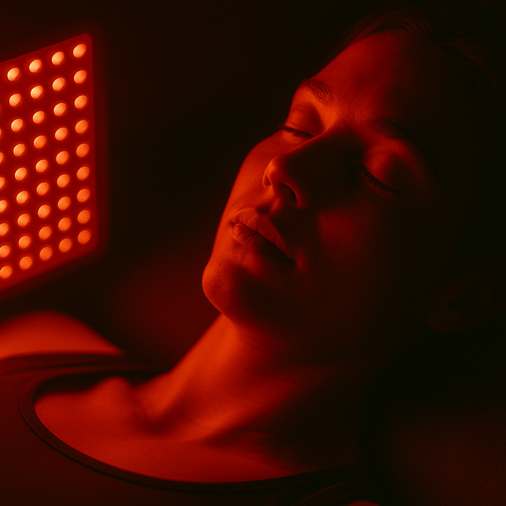 imagen de mujer descansando con panel de terapia de luz roja de Lunea
