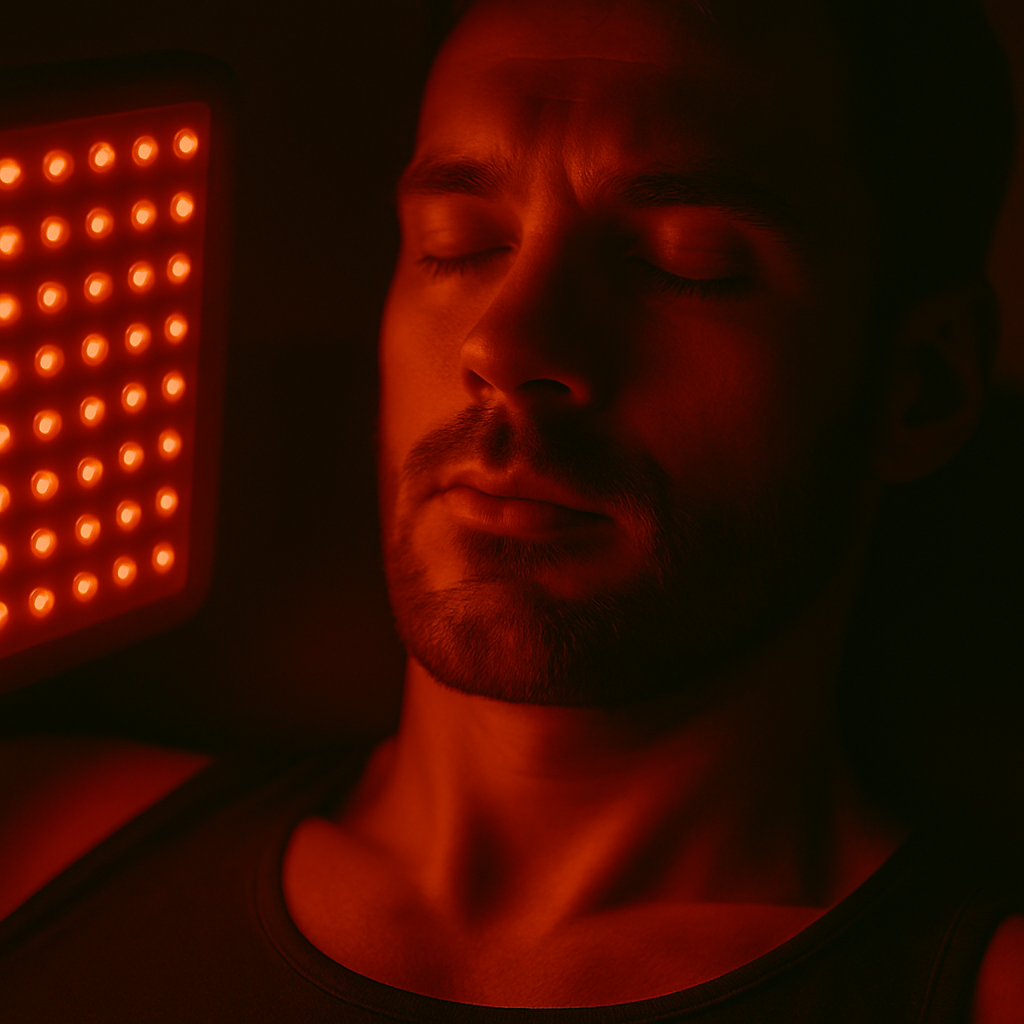 Hombre recibiendo terapia de panel de luz roja antes de dormir