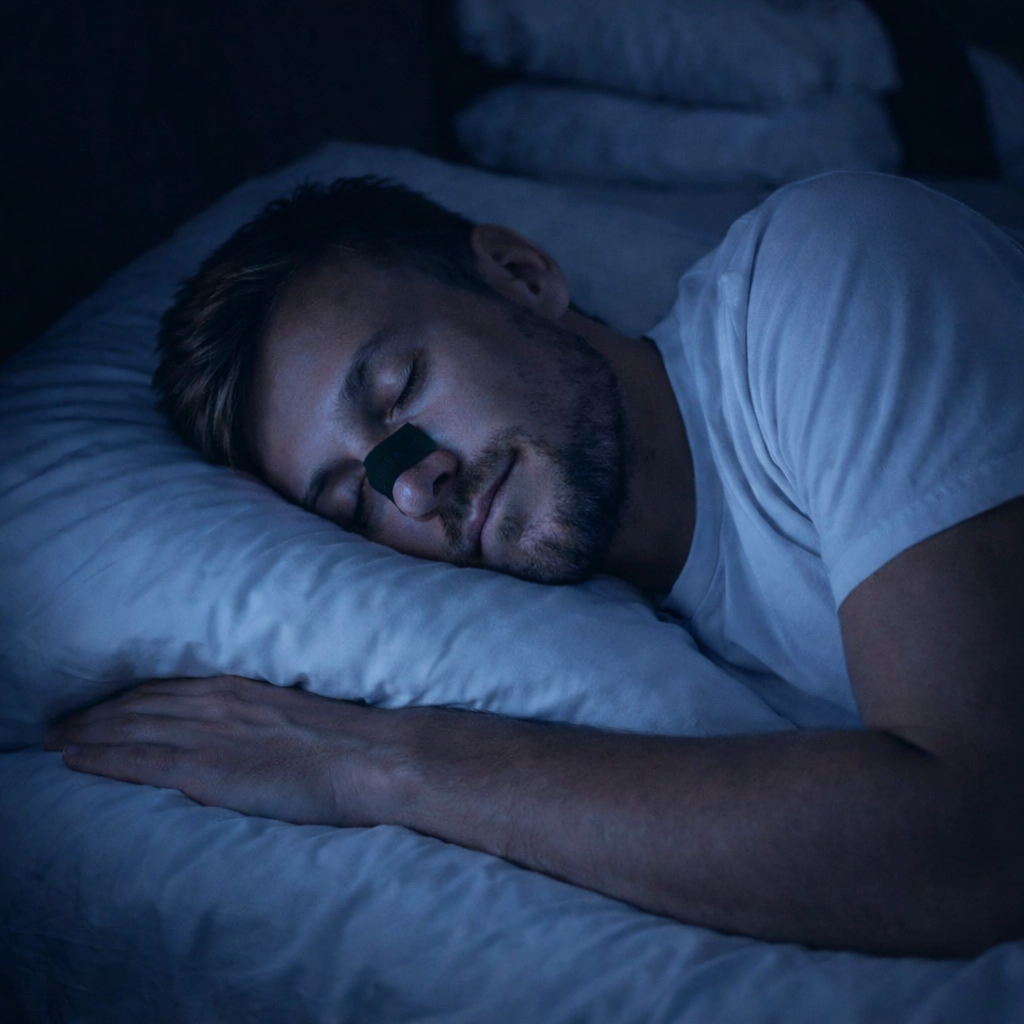 Hombre durmiendo con tiras nasales con sueño reparador