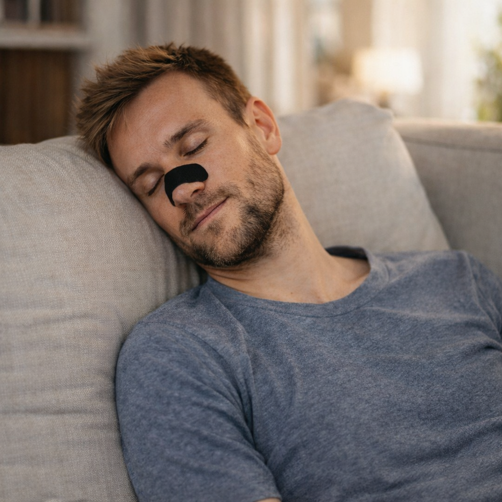 Hombre durmiendo y descansando con tiras nasales de Lunea en su sofa de casa