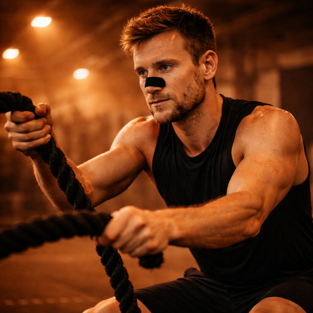 Hombre haciendo ejercicio de cuerda con ls tiras nasales de Lunea puestas