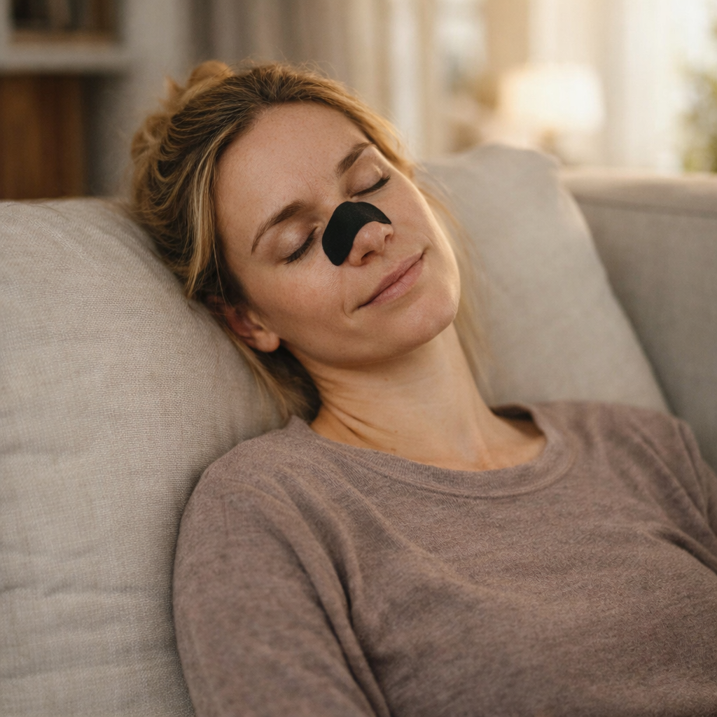 Mujer con tiras nasales de Lunea descansando en el sofá de su casa.png