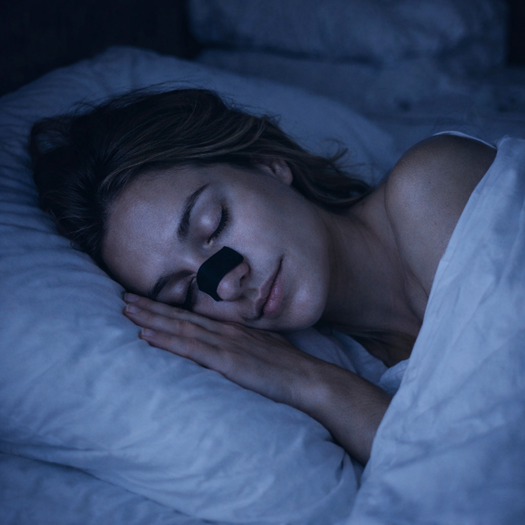 Mujer durmiendo con tiras nasales de Lunea para mejorar la respiracion por las noches