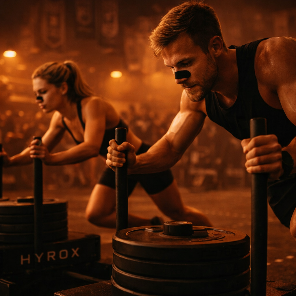 Personas moviendo peso con tiras nasales puestas en un HYROX en Madrid