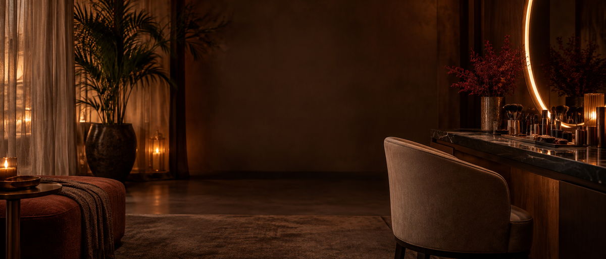 Tocador de maquillaje profesional en un espacio wellness boutique con iluminación cálida y ambiente elegante.